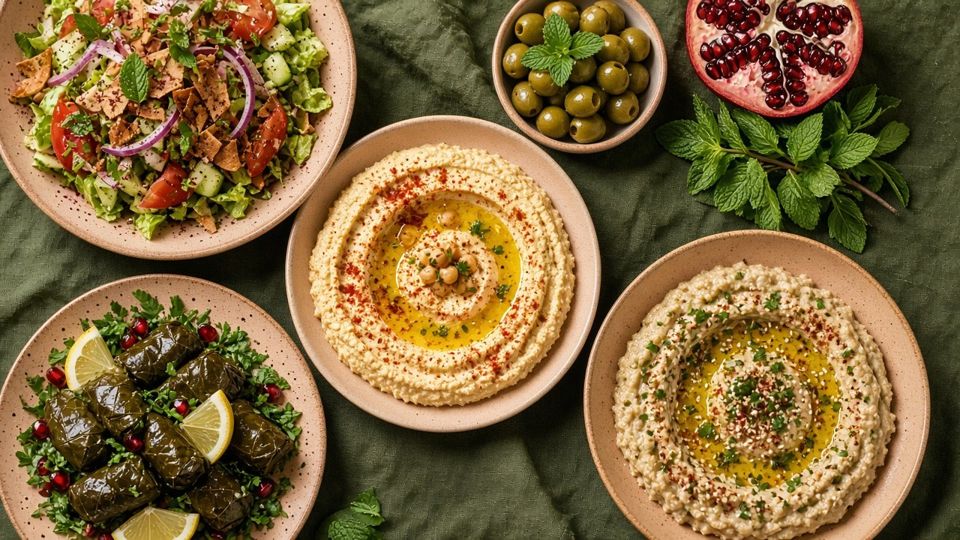 Levantine mezze spread from above